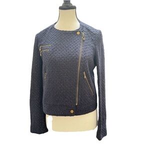 Q. Mack Blue Gold Tweed Moto Jacket Women's Size M Asymmetrical Zipper Style